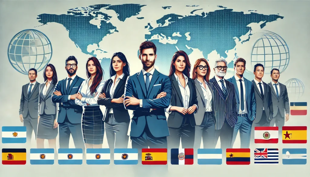 Grupo diverso de profesionales hispanos en un entorno corporativo, representando la conexión global y oportunidades laborales en países como Argentina, España y Colombia